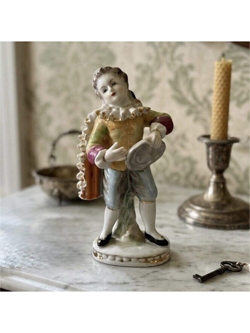 Hand Painted Porcelain Musician Figurine Holding Hat